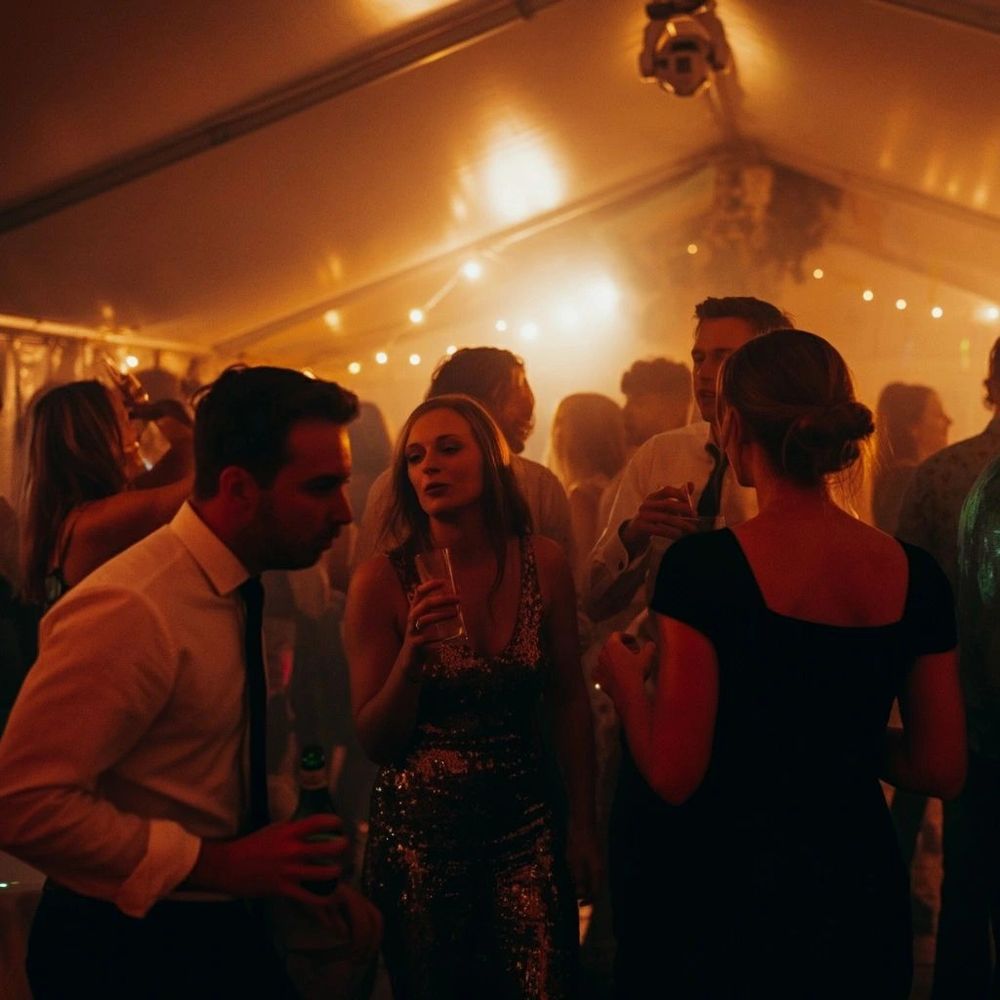 People socializing and drinking at a dimly lit party or event under warm lights.