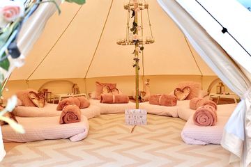 Slumber Buddiezzz pink and rose gold themed sleepover bell tent for hire for girls birthday party 