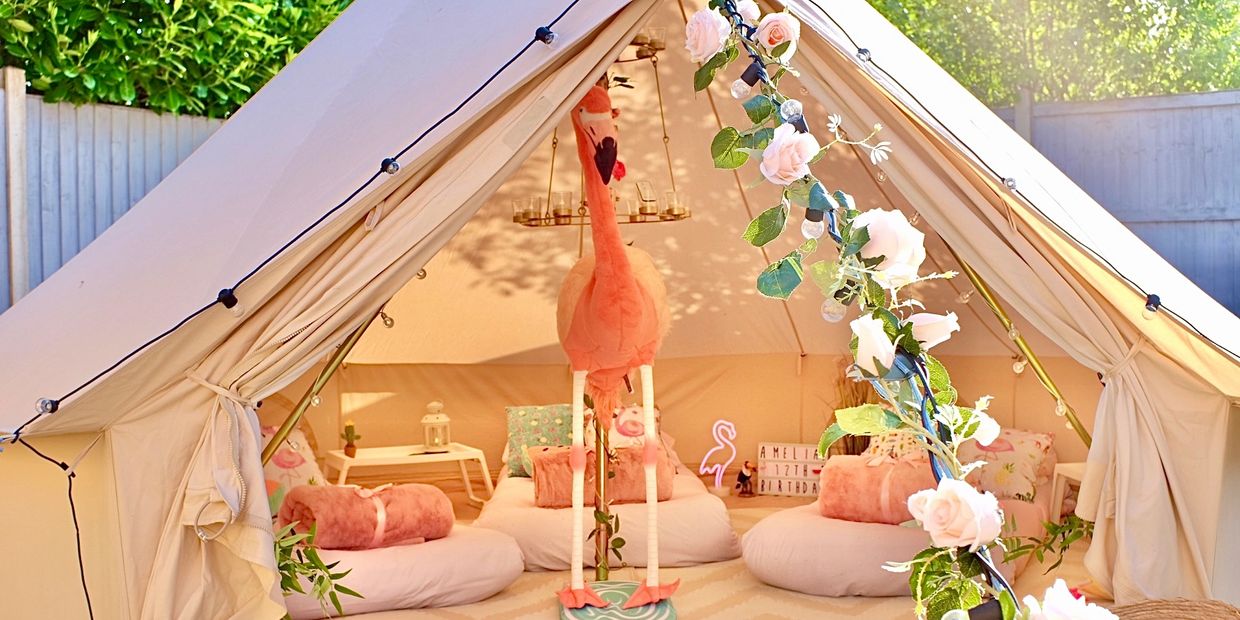 Tropical theme bell tent sleepover hire in Derby, Nottingham & Leicester