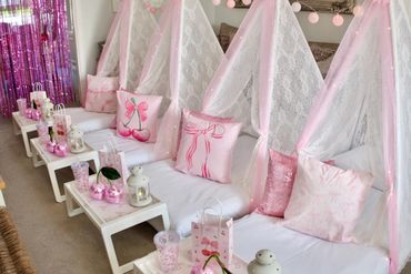 Cherry Bow-tique luxury sleepover teepee party set up for little fashionistas in Littleover
