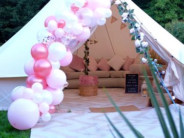 Slumber Buddiezzz sleepover bell tent in pink theme  for hire for ladies hen party 