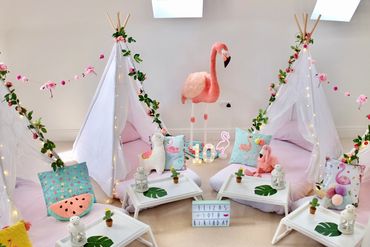 Tropical themed sleepover party with styled teepees and Florence the flamingo in Staffordshire home