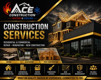 Advertising banner for Ace Construction services including repair, renovation, and new builds.