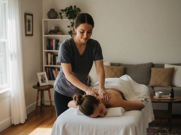A woman receiving a relaxing massage at a cozy home setting.
