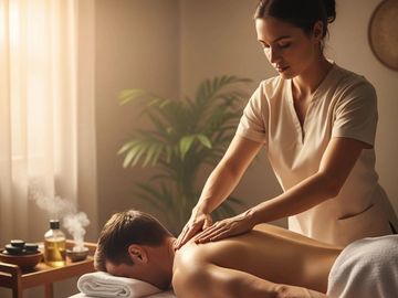 A woman gives a relaxing back massage in a warm, softly lit room.