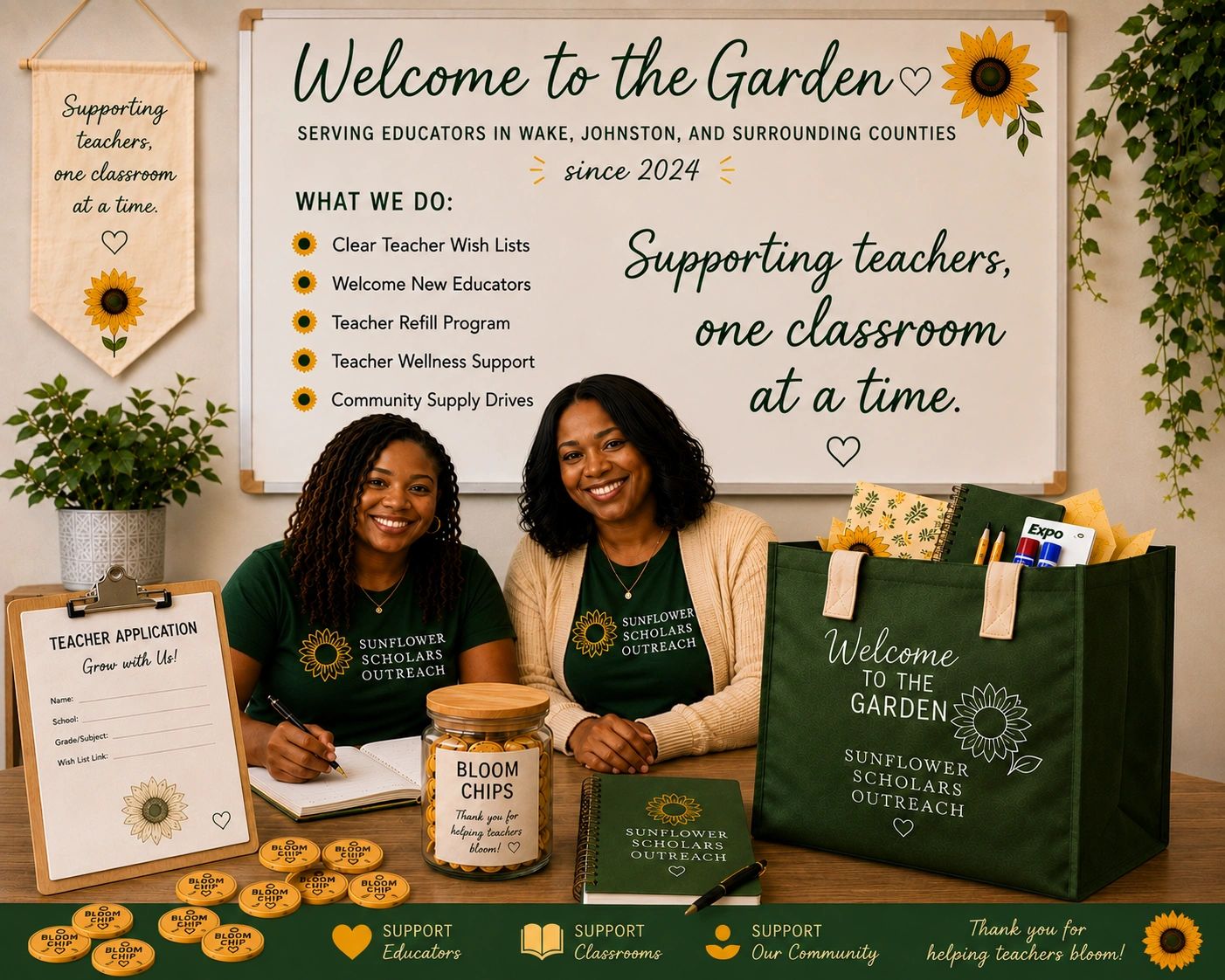 Two women promote Sunflower Scholars Outreach supporting teachers with supplies and programs.