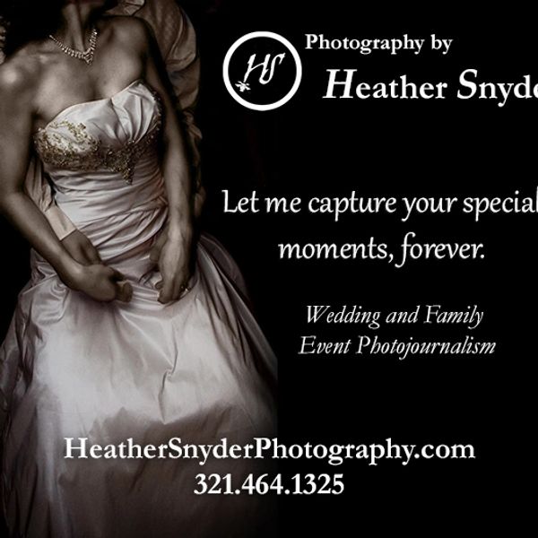 Wedding photography ad featuring a couple embracing in a gown and suit.