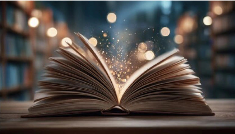 Graphic of book with pages rustling with knowledge.
