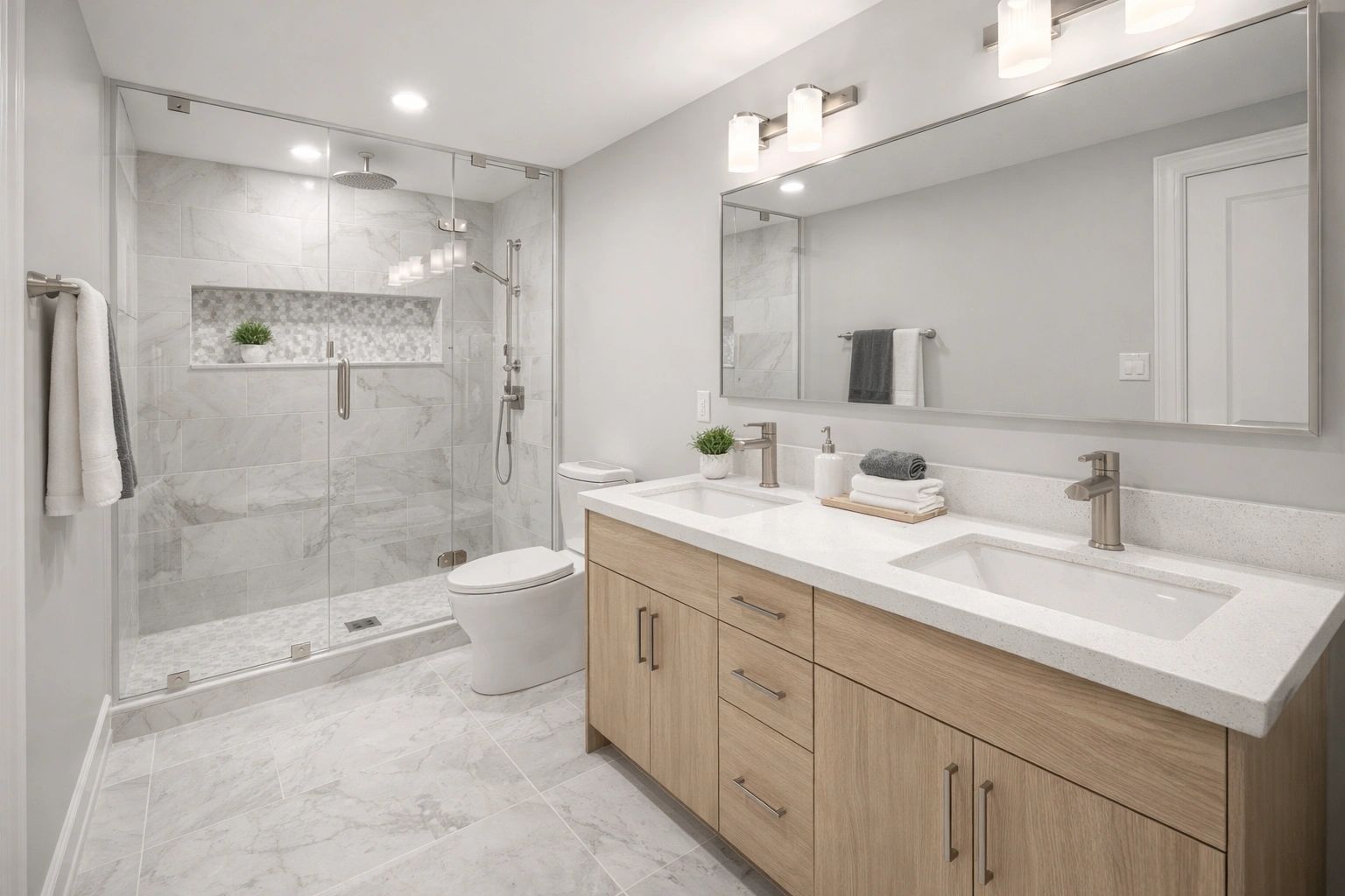 Modern bathroom with double sinks and glass shower enclosure.