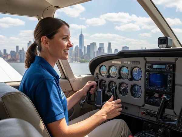 Woman pilot flying a small aircraft over a city skyline on a clear day.