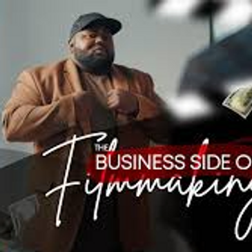 Man in brown jacket posing confidently with text overlay about business and filmmaking.