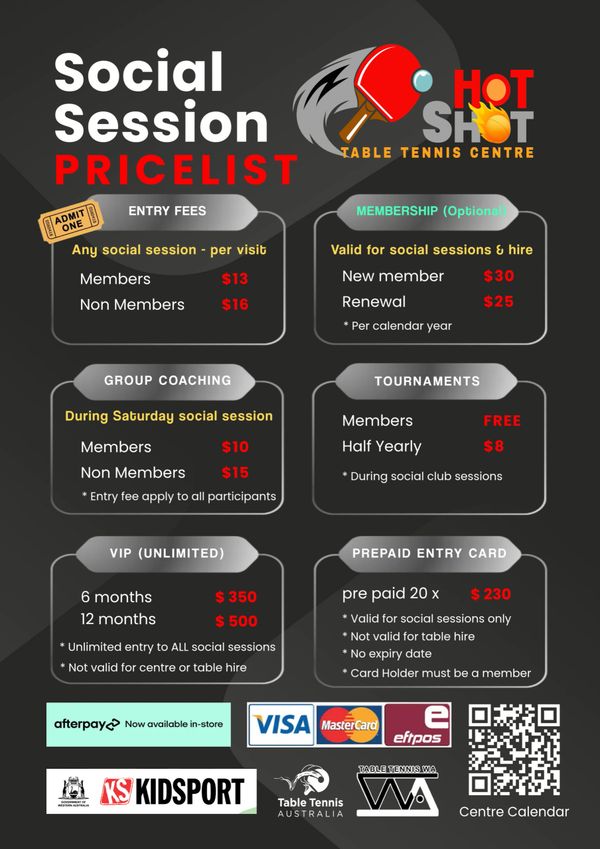 Hot Shot Table Tennis social session pricing and membership details.