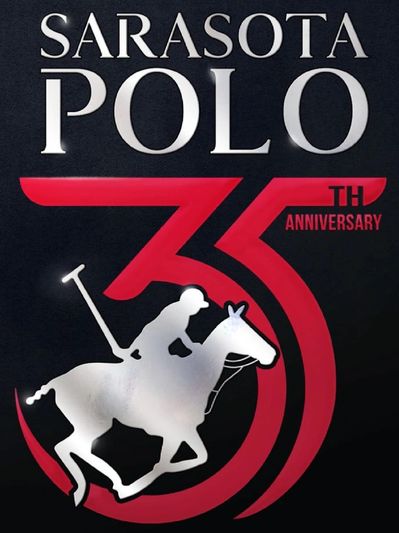 Logo for Sarasota Polo's 35th anniversary featuring a polo player on a horse.