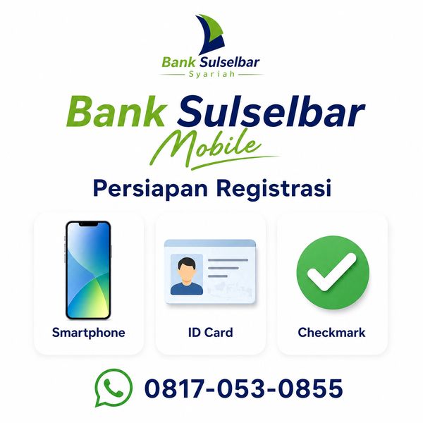 Persiapan registrasi Bank Sulselbar Mobile dengan smartphone, ID card, dan checkmark.