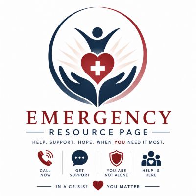 Emergency resource page with support icons and encouraging messages.