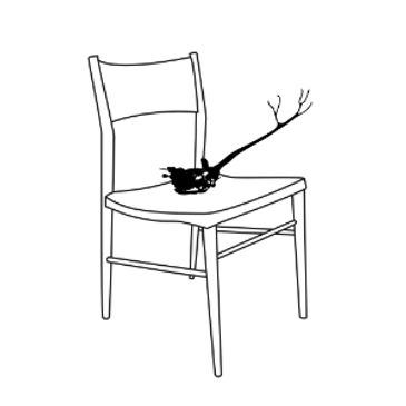 Simple line drawing of a chair with a branch on its seat.