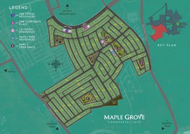 Maple Grove commercial lots layout with residences and parks.