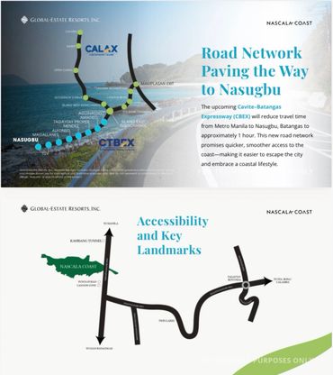 Maps showing road networks and key landmarks for easier access to Nasugbu and Nascala Coast.