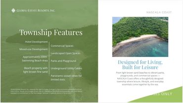 NASCALA Coast township features hotel, commercial spaces, parks, beach, and ocean views.
