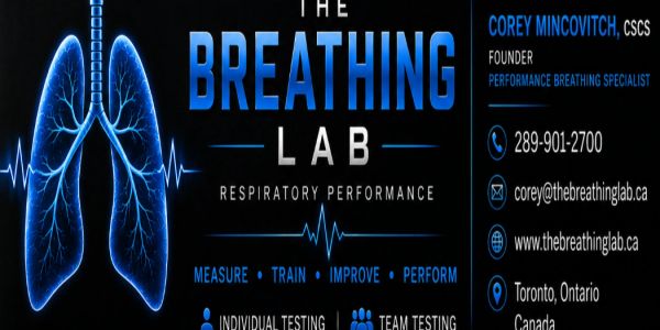 Business card for The Breathing Lab, specializing in respiratory performance.