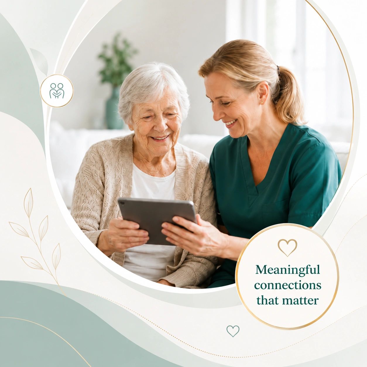 Caregiver and elderly woman sharing a tablet with smiles.