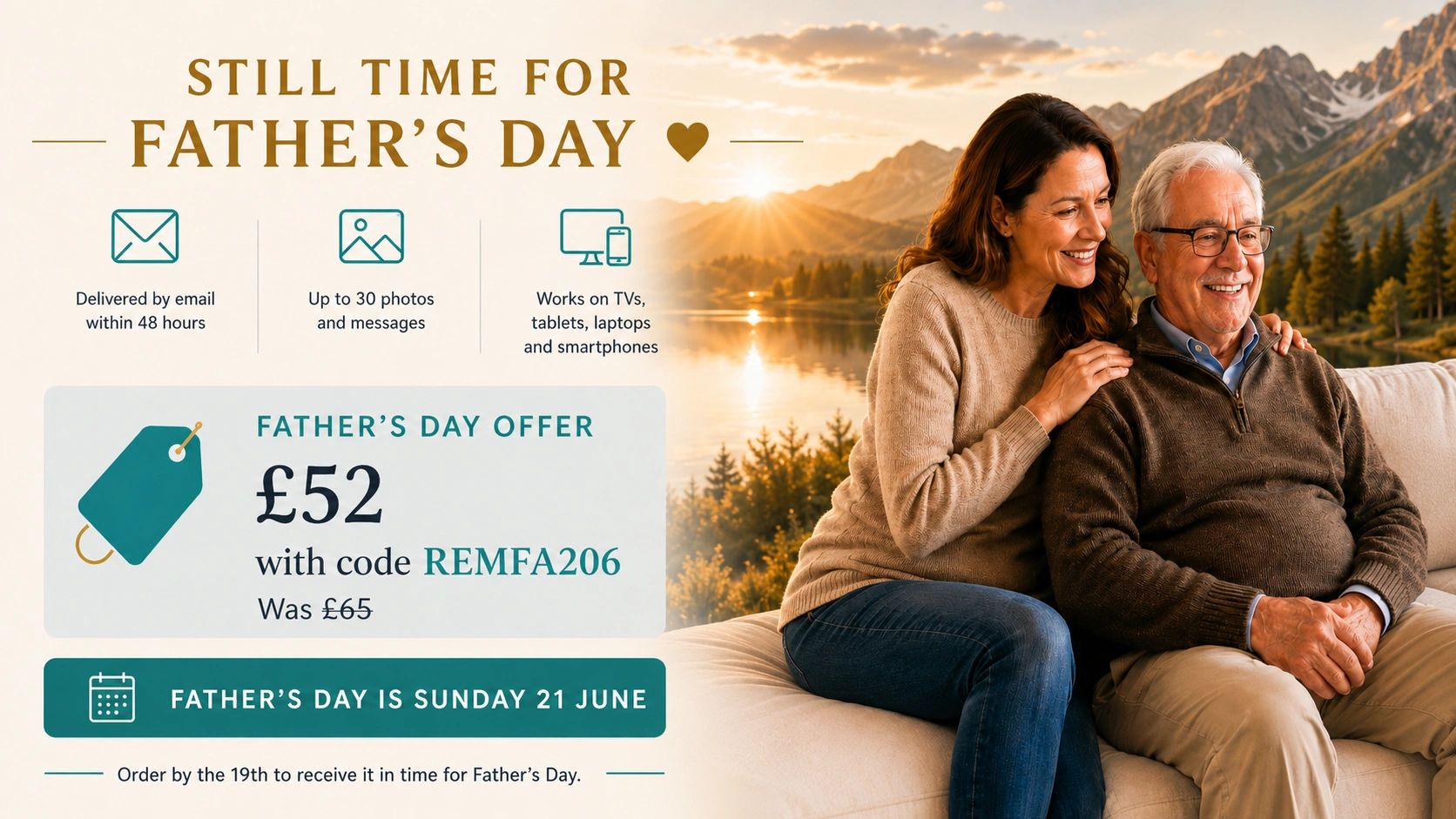 Father's Day offer with discounted digital photo gift and happy family enjoying sunset.