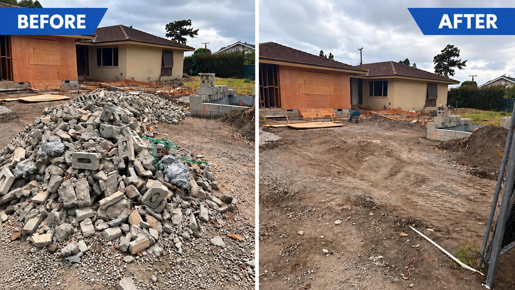 Construction debris removal before and after in Orange County by Perez Hauling