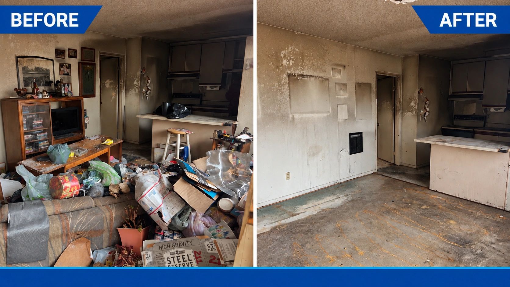 Before and after cleaning of a cluttered, dirty room.