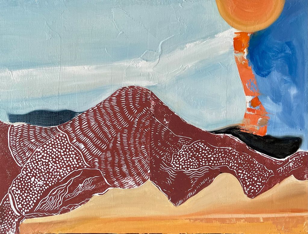 "The Sun and the Dune"
Oil and Lino cut print on canvas board
16”x12”