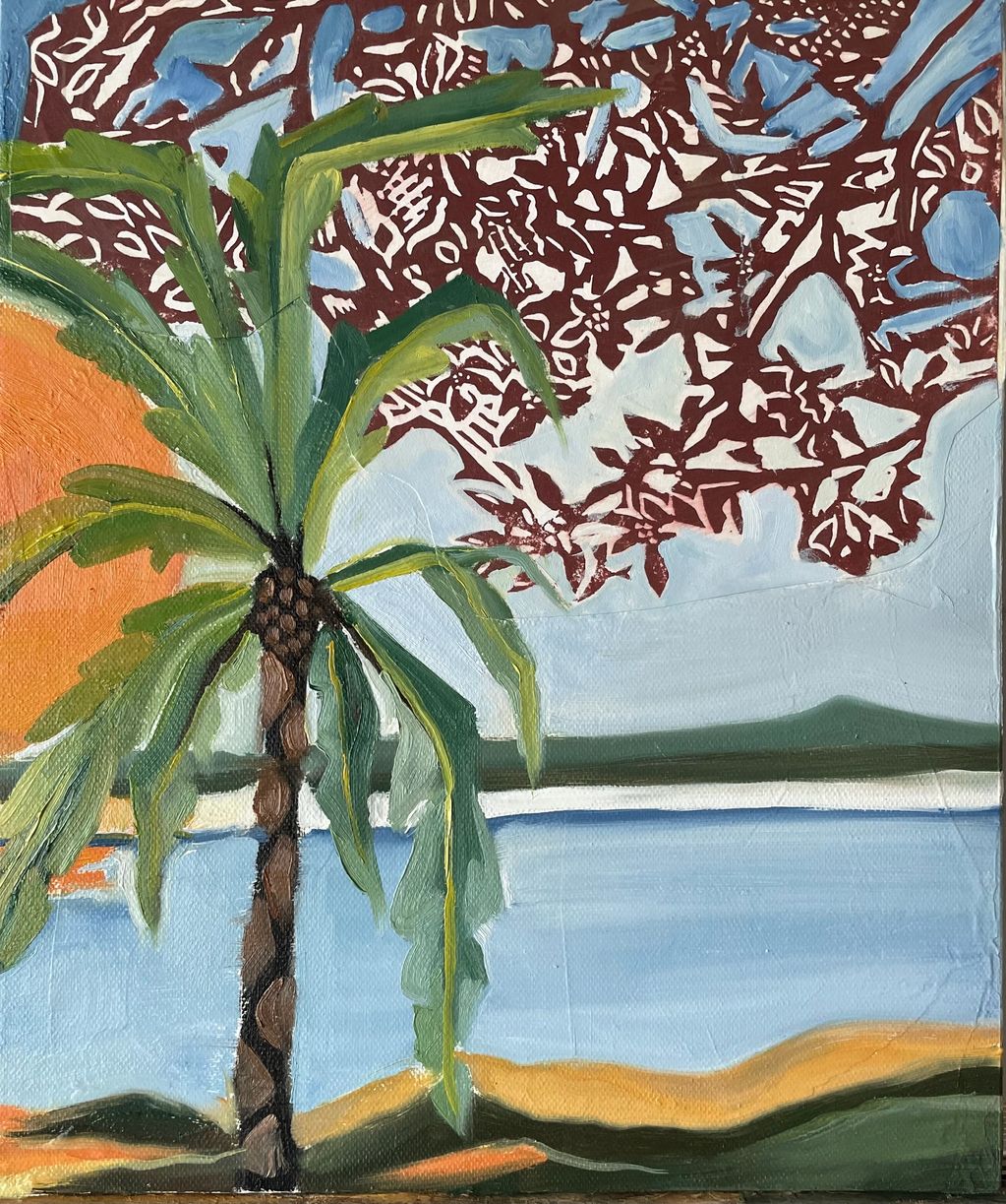 "Sun and the Palm"
Oil on Canvas board and linocut.
8”x12”