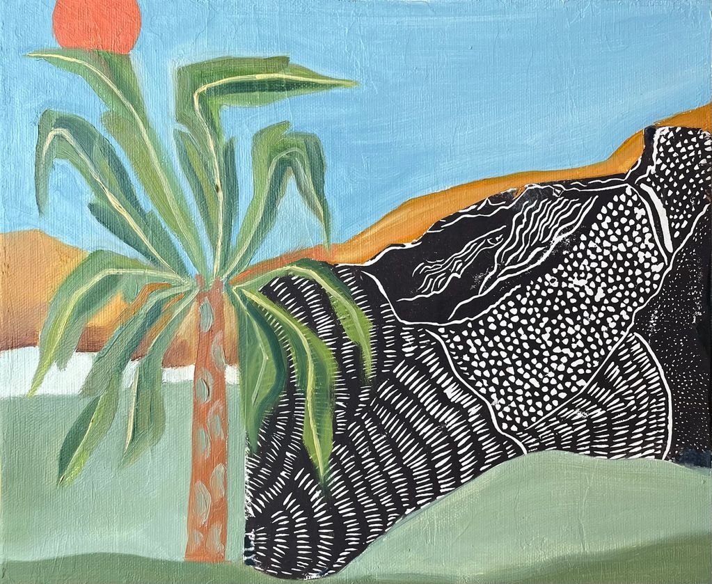 The Palm and the Dune
Oil on Canvas board and linocut.
8”x12”