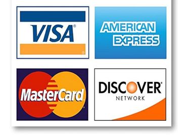 Logos of major credit card companies: Visa, American Express, MasterCard, Discover.