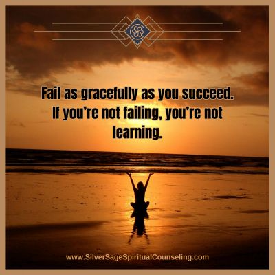 Silhouette at sunset with inspiring quote about failure and learning.