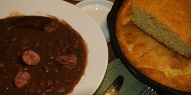 Red beans, Sausage, with Fresh baked cornbread, 