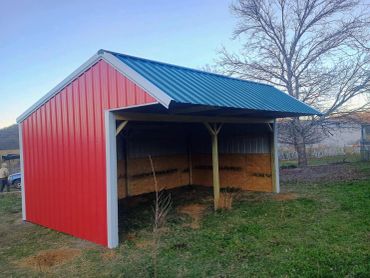 Red metal shed with blue roof on a grassy area near trees.
