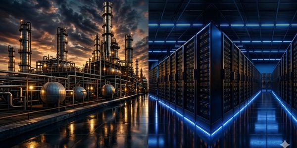 Industrial refinery and futuristic data center side by side.