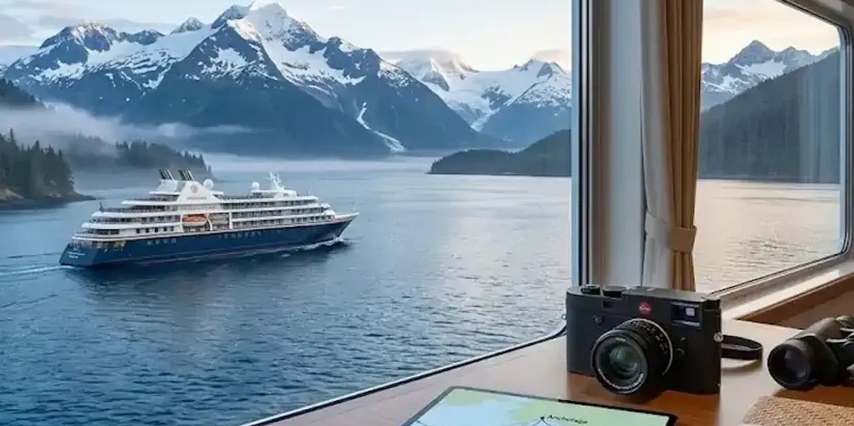 View of a cruise ship from a cabin window .sailing the Inside Passage on an Alaska Cruisetour