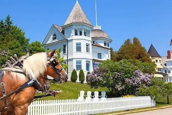 A horse drawn carriage passing a historic mansion on a small group getaway package.