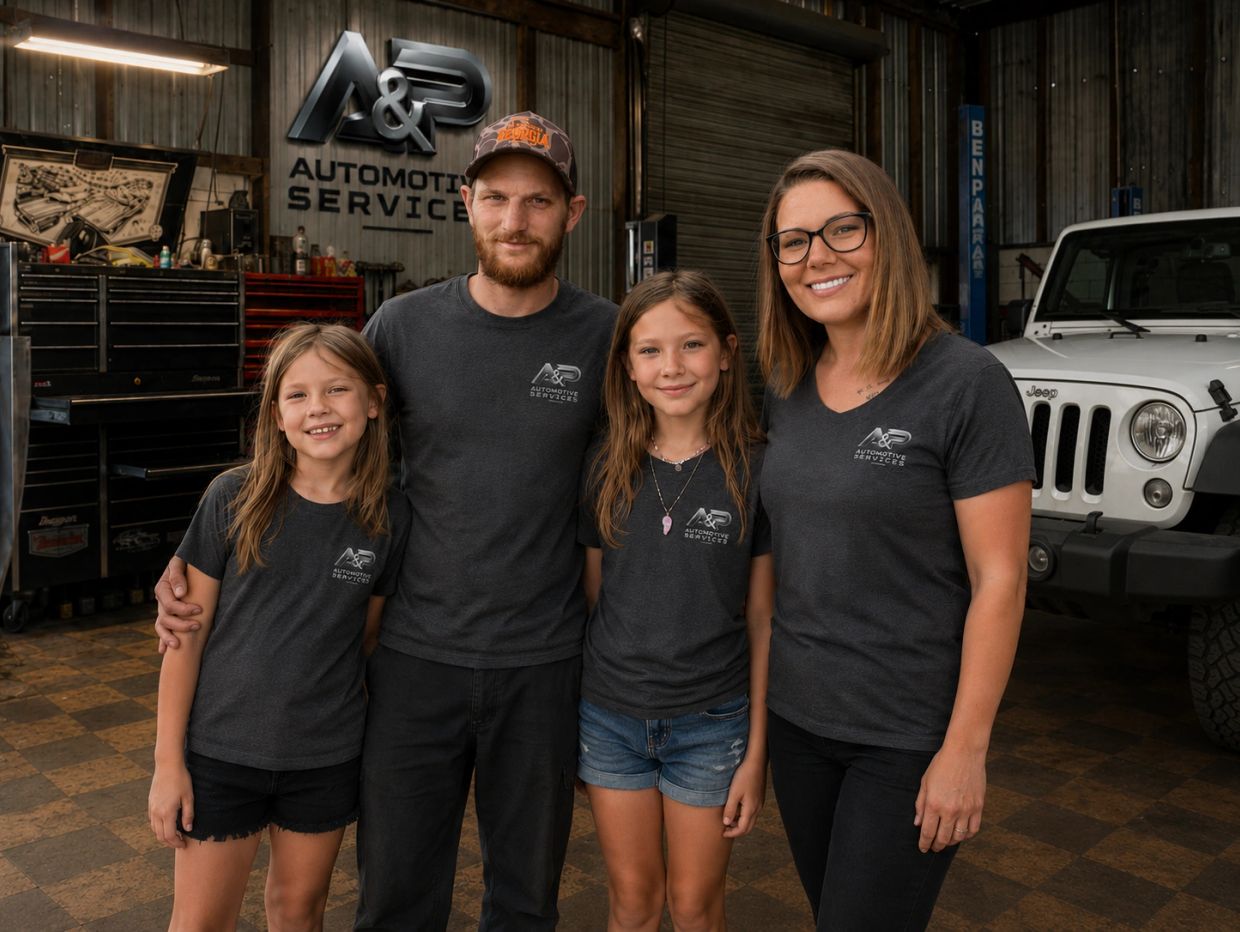 Family standing together in automotive service shop wearing matching shirts.