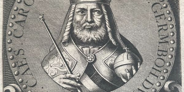 Engraved portrait of a crowned medieval king holding a scepter and orb.