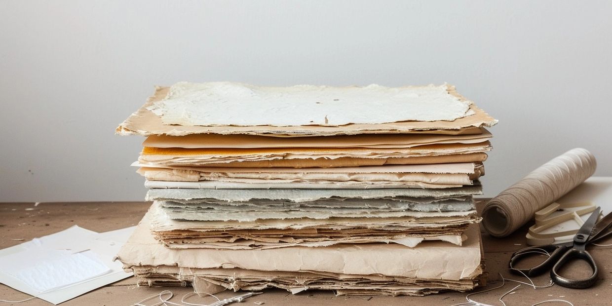 Stack of handmade, textured papers on a wooden table with scissors and string.