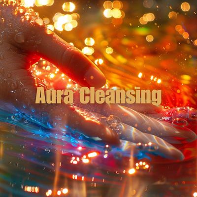 Hands immersed in vibrant light and water, symbolizing aura cleansing.