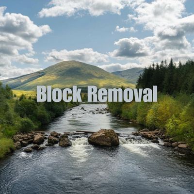 River flowing through a scenic landscape with 'Block Removal' text.