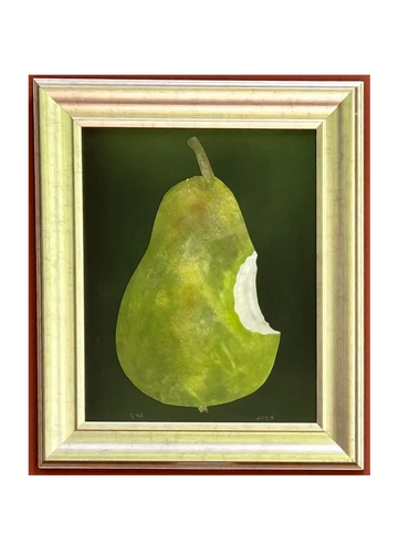 Framed painting of a green pear with a bite taken out, set against a dark background.