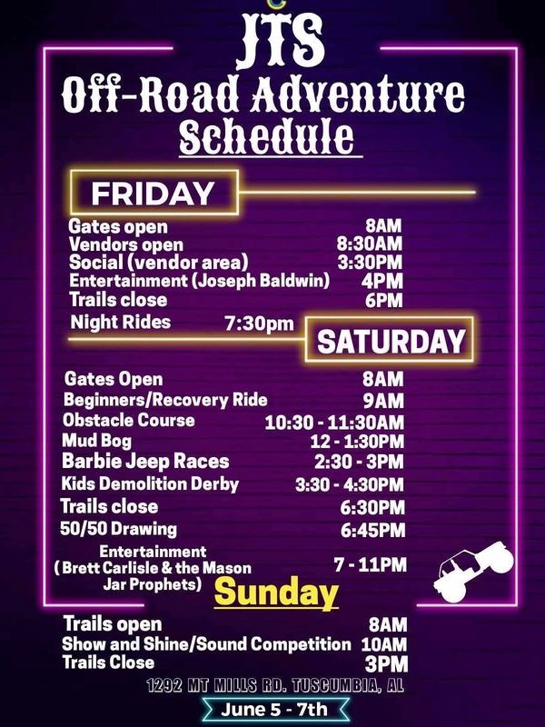 JTS Off-Road Adventure Schedule from June 5-7 in Tuscumbia, AL.