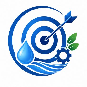 Blue target with arrow, water drop, gear, and green leaves symbolizing goals and sustainability.
