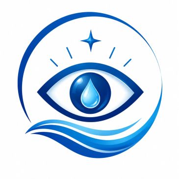 A stylized blue eye with a water droplet and wave elements.