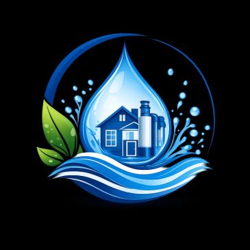 A water droplet encasing a house and chimney symbol with leaves and waves.