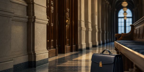 Courthouse corridor and attorney briefcase representing prepared assault and battery defense