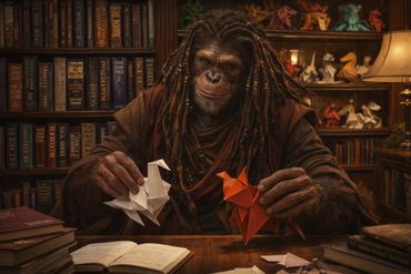 Drumma Kaan at home in his library full of erotic books, adding to his collection of folder paper ar